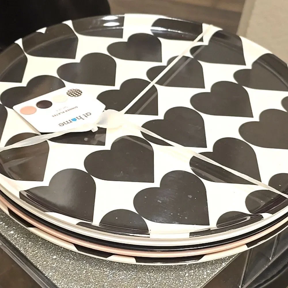 At‎ Home Dinner Plates Set of 4 - Pink, Black, White, Hearts